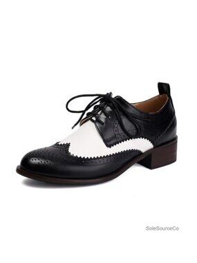 Women's Wingtip Oxford Shoes Lace Up Chunky Low Heel Vintage Brogues Faux